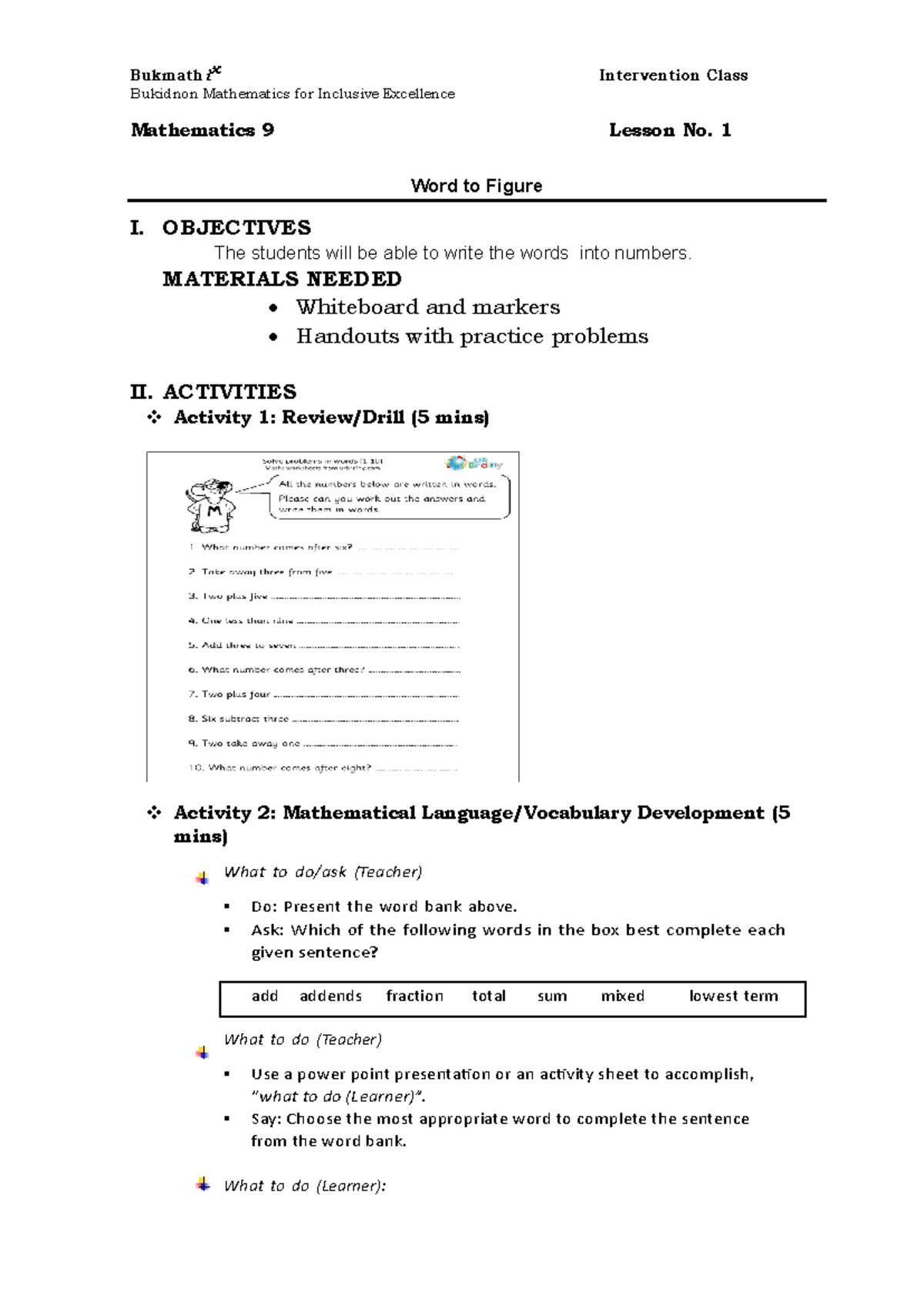 1.1FWord to Figure - MATH PRACTICE - Bukidnon Mathematics for Inclusive ...