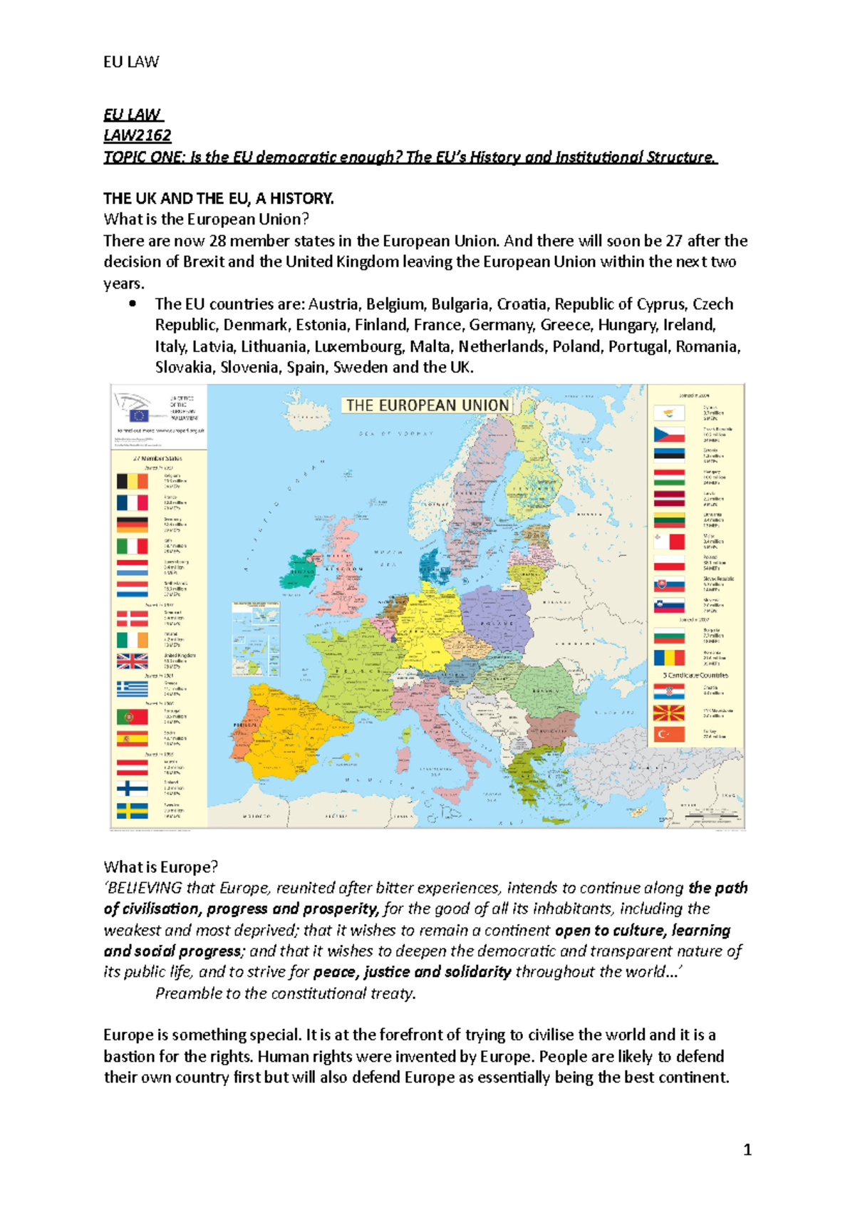 EU LAW Notes (Autosaved) - EU LAW EU LAW LAW2162 TOPIC ONE: Is the EU ...