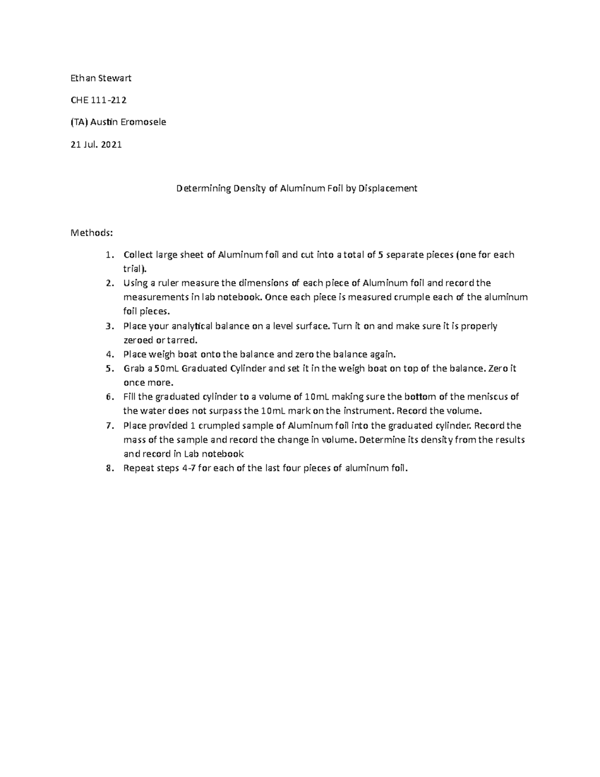 Experiment 1 General Chemistry Lab I 111 - Ethan Stewart CHE 111- (TA ...