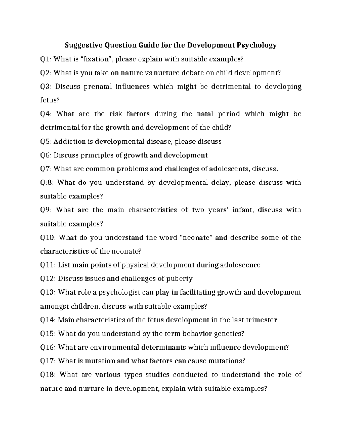 Question Guide for Developmental Psychology - Suggestive Question Guide ...