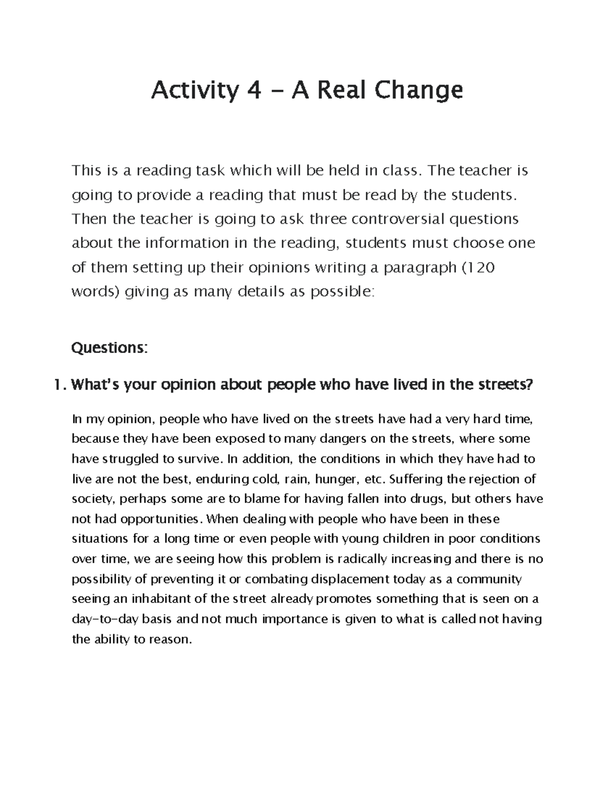 Activity 4 - A Real Change - Activity 4 - A Real Change This is a ...