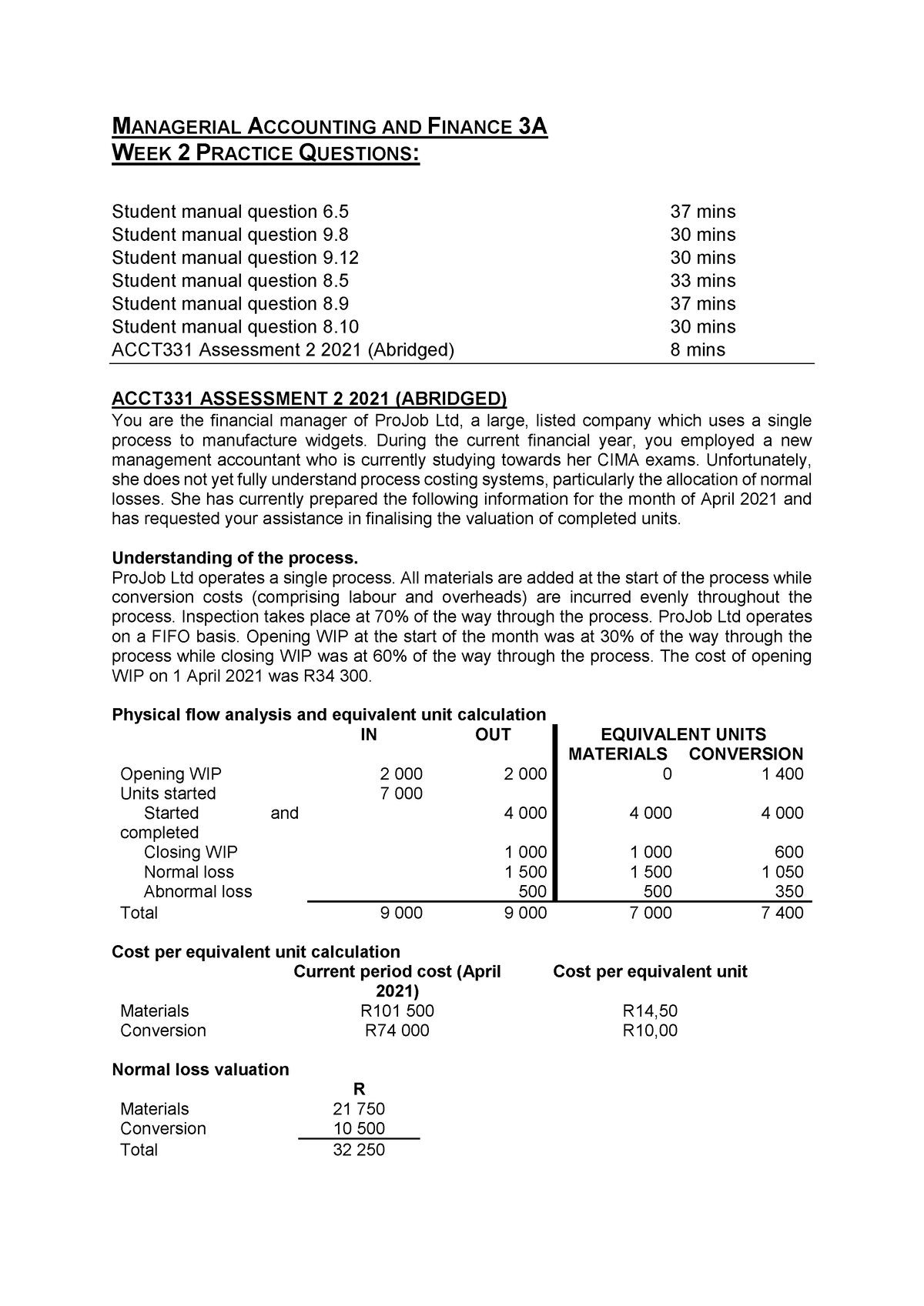 ACCT331 Week 2 Practice questions - M ANAGERIAL ACCOUNTING AND FINANCE ...