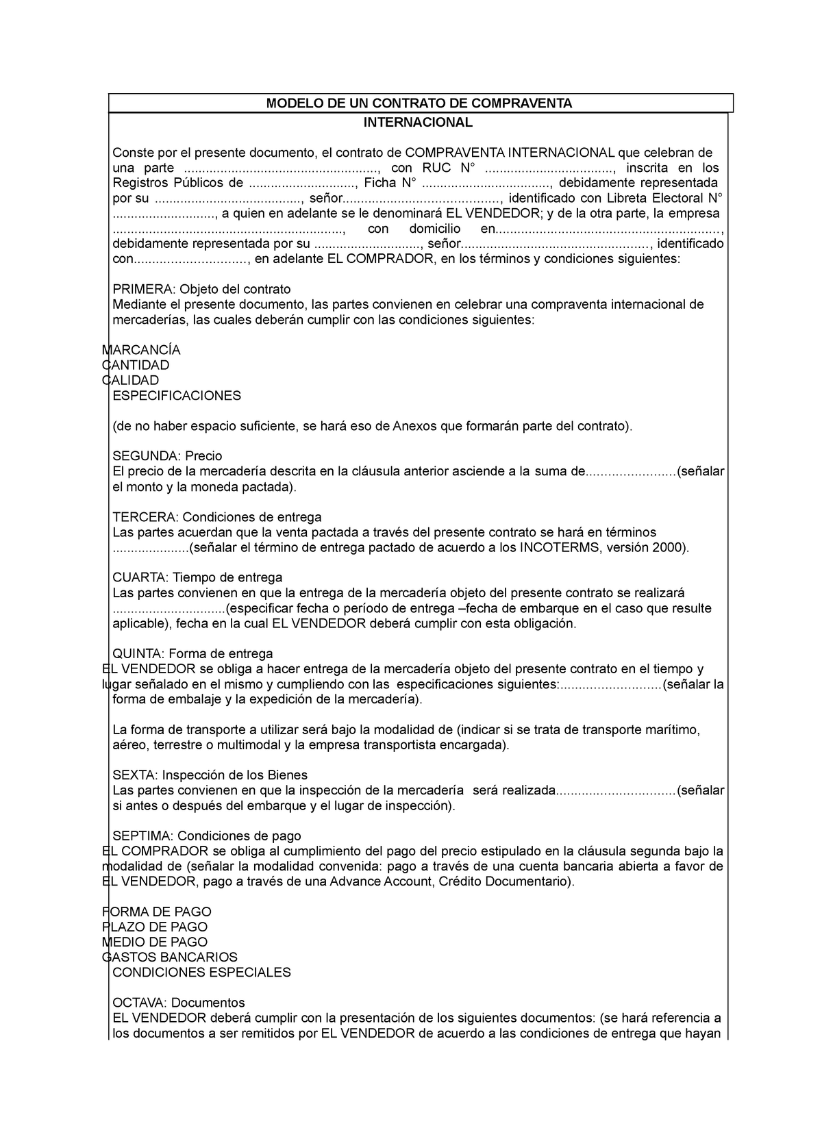 Modelo de contrato-resumen y formato - MODELO DE UN CONTRATO DE COMPRAVENTA  INTERNACIONAL Conste por - Studocu
