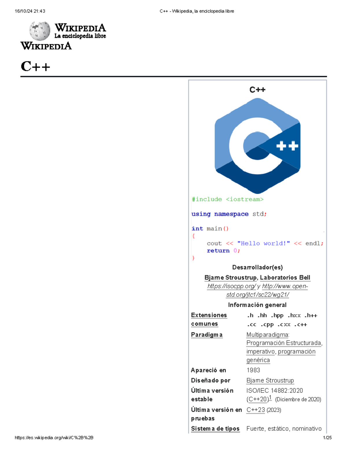 C++ - Wikipedia, la enciclopedia libre - C++ Desarrollador(es) Bjarne ...