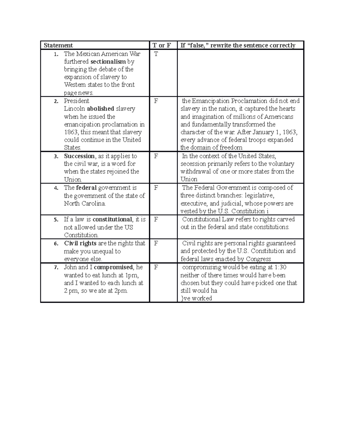 Vocabulary Statements Civil War - Statement T or F If “false,” rewrite ...