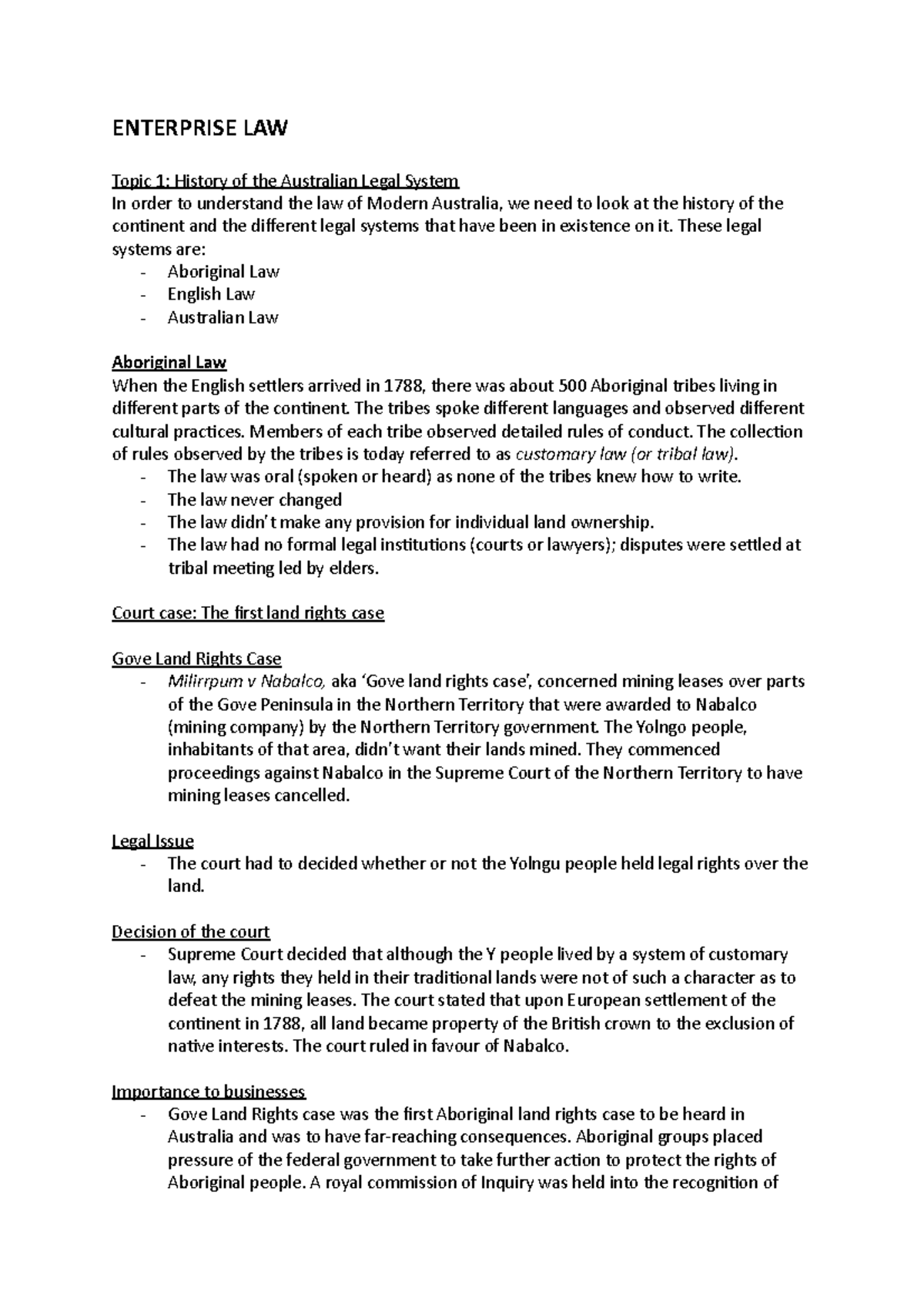 Enterprise Law Summary Notes 2786 Bachelor Of Business Uws Studocu