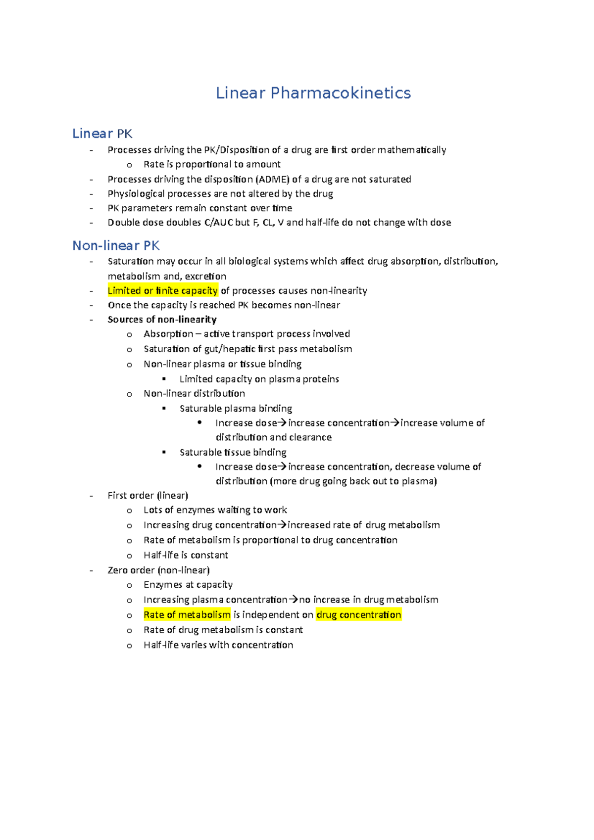 Linear Pharmacokinetics - Linear Pharmacokinetics Linear PK - Processes ...