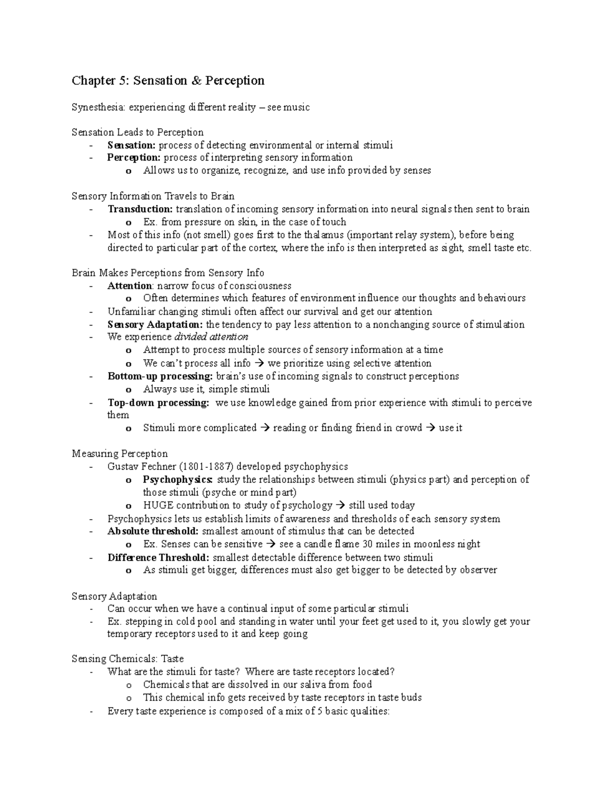 Chapter 5 - Textbook Notes - Chapter 5: Sensation & Perception ...