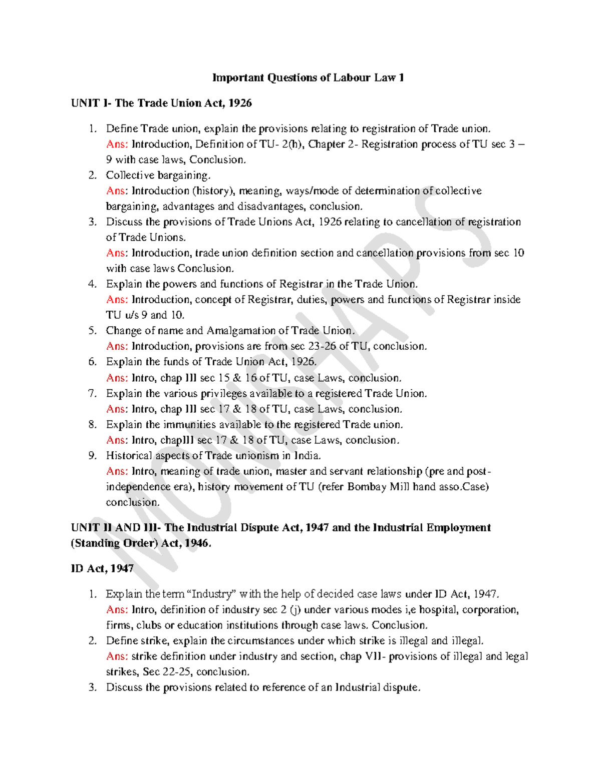 Important Questions of Labour Law 1 - Ans: Introduction, Definition of ...