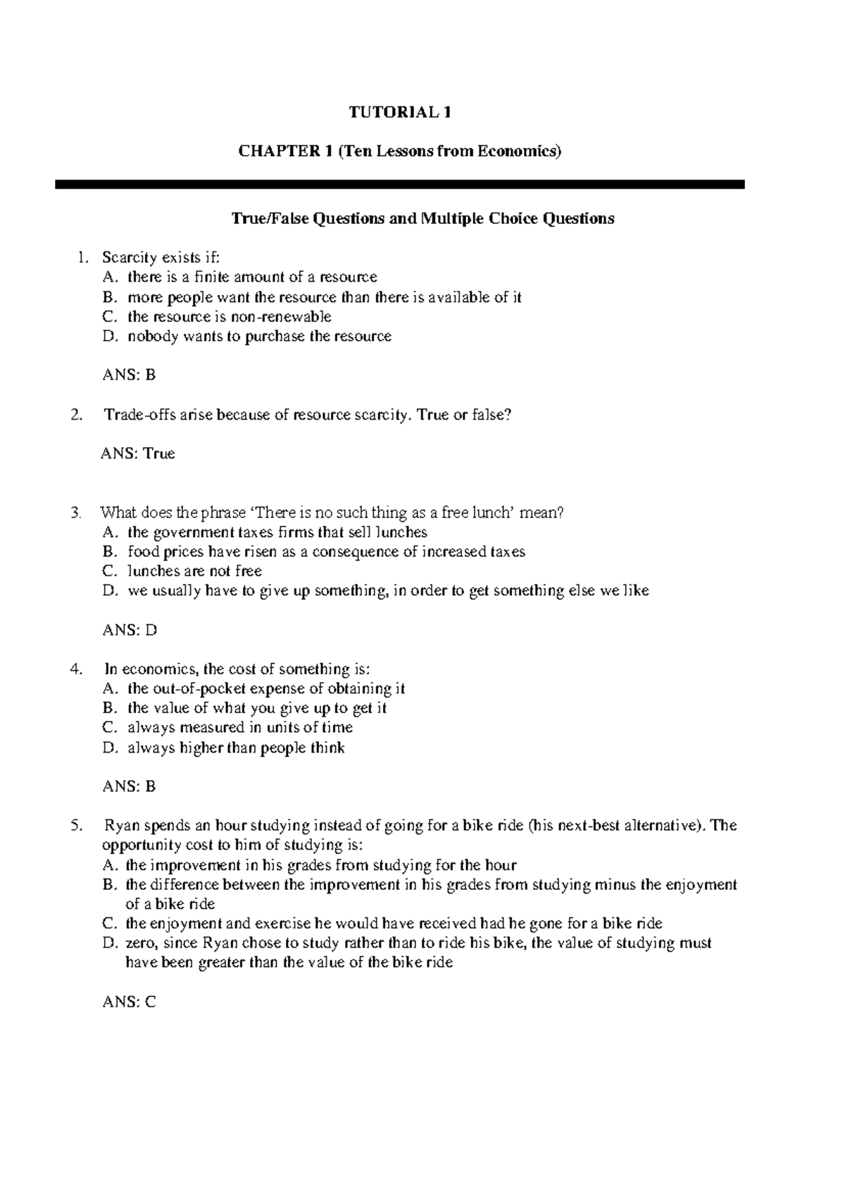 Tutorial 1 Chapter 1 (Ten Lessons from Economics) Questions and ...
