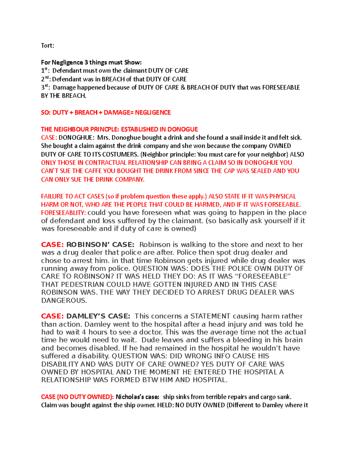 Tort notes 1 - Tort: For Negligence 3 things must Show: 1 st: Defendant ...