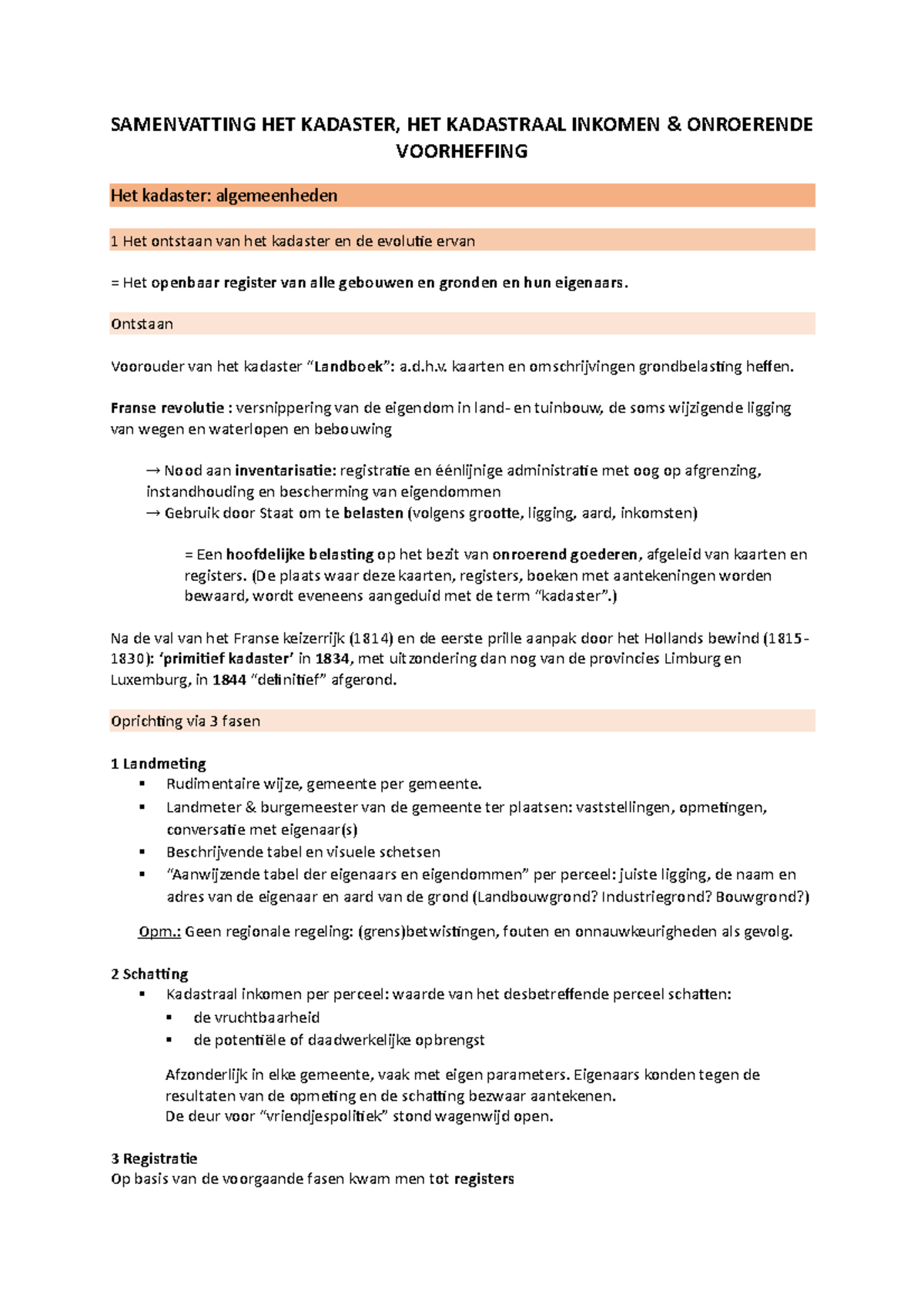 Samenvatting Kadaster onroerende voorheffing - SAMENVATTING HET ...