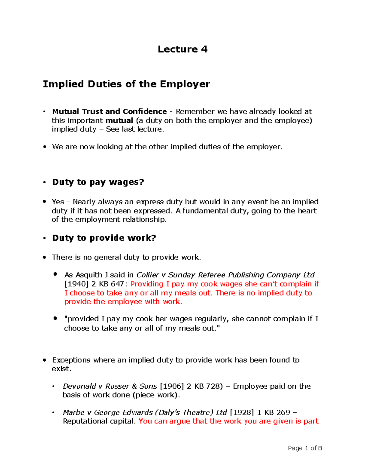 Lecture 4 - Implied Duties Employer - Lecture 4 Implied Duties of the ...