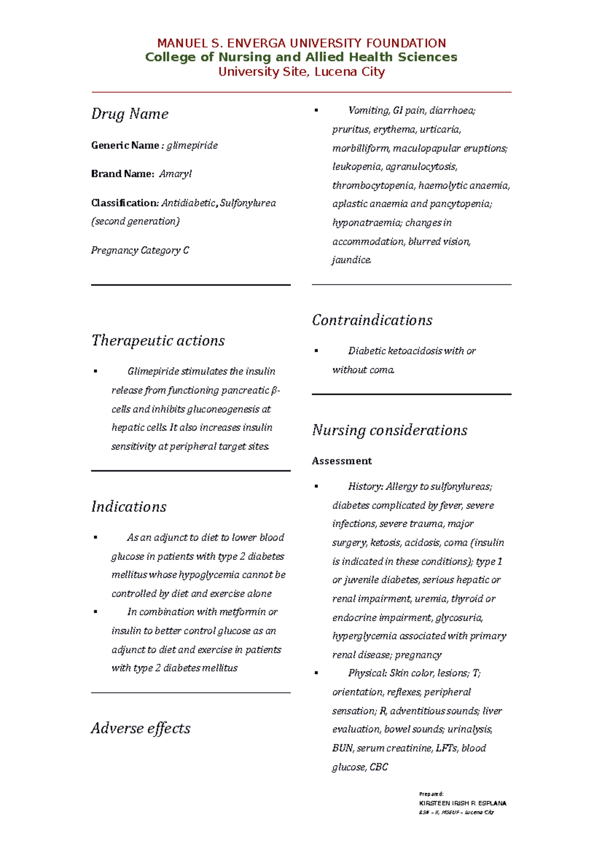 Glimepiride DRUG Study MANUEL S. ENVERGA UNIVERSITY FOUNDATION