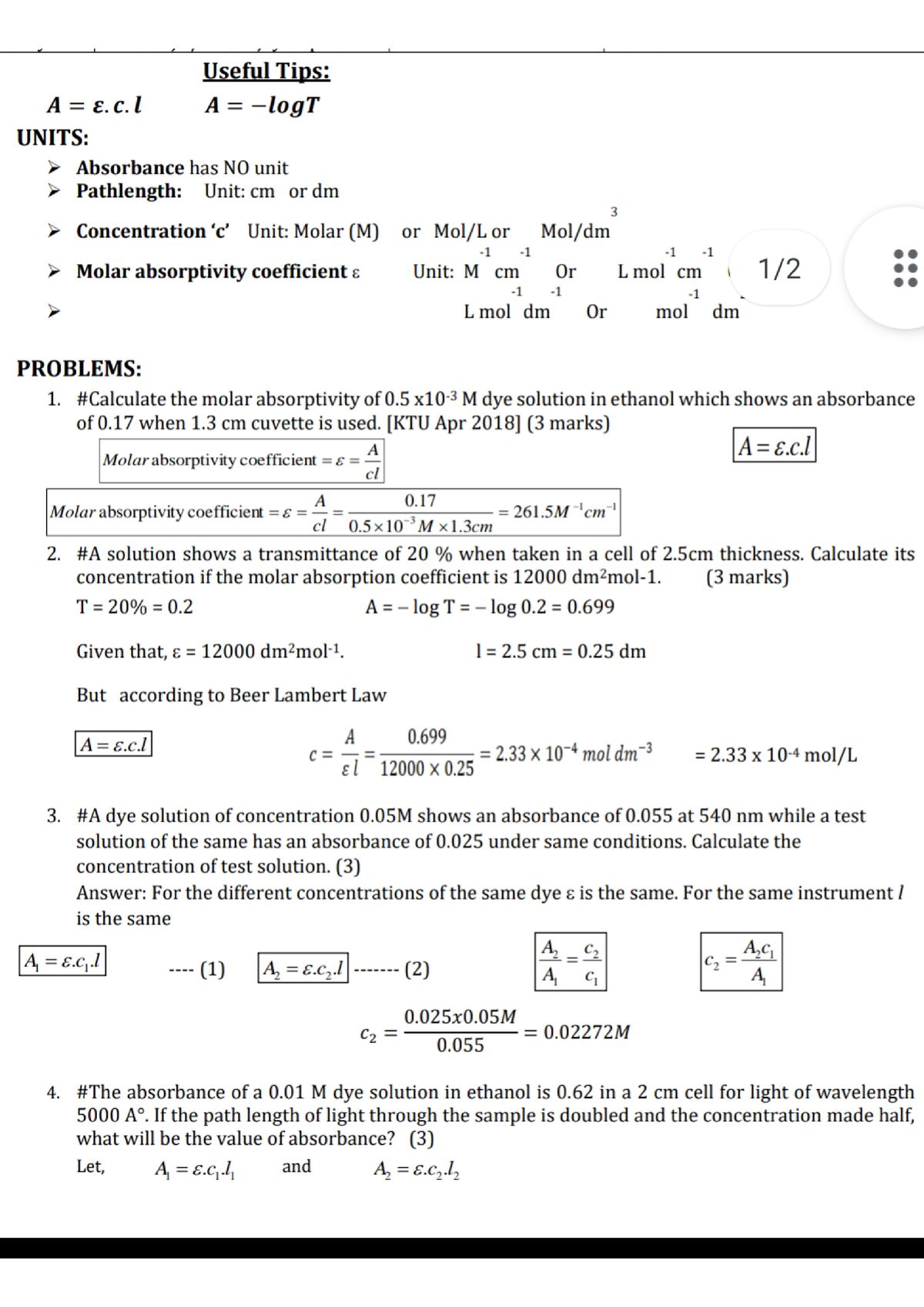 Calculation problems of BEER Lambert LAW - Engineering Chemistry - Studocu