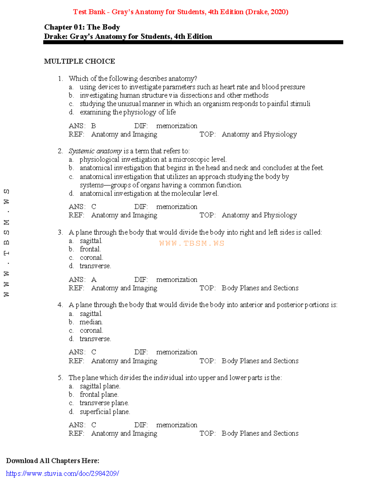 Test Bank - Gray’s Anatomy for Students, 4th Edition (Drake, 2020 ...