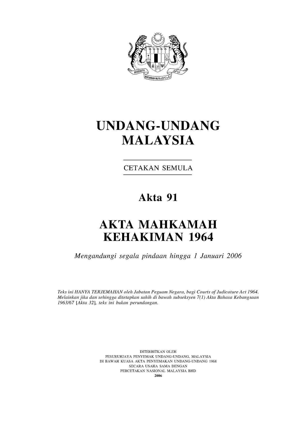 Akta Mahkamah Kehakiman 1964 (Akta 91) - UNDANG-UNDANG MALAYSIA CETAKAN ...