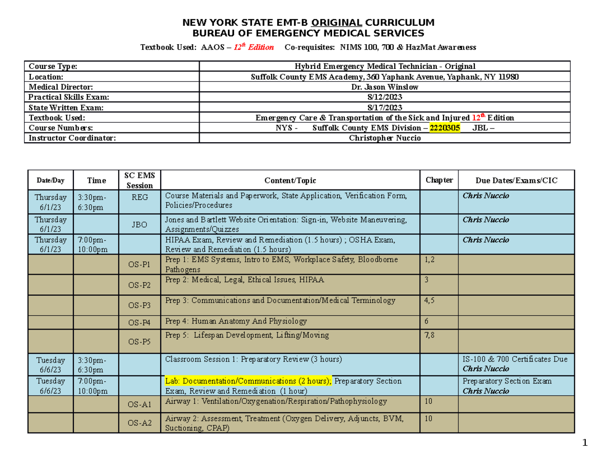 EMT Hybrid 2023 Schedule BUREAU OF EMERGENCY MEDICAL SERVICES