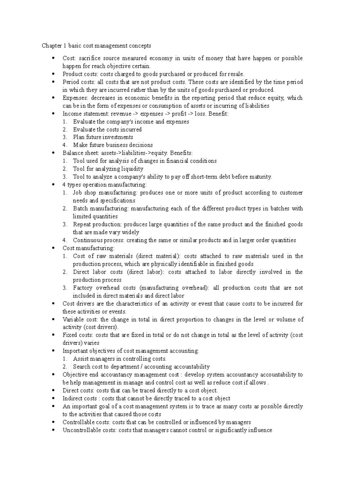Resume Management Accounting - Chapter 1 basic cost management concepts ...