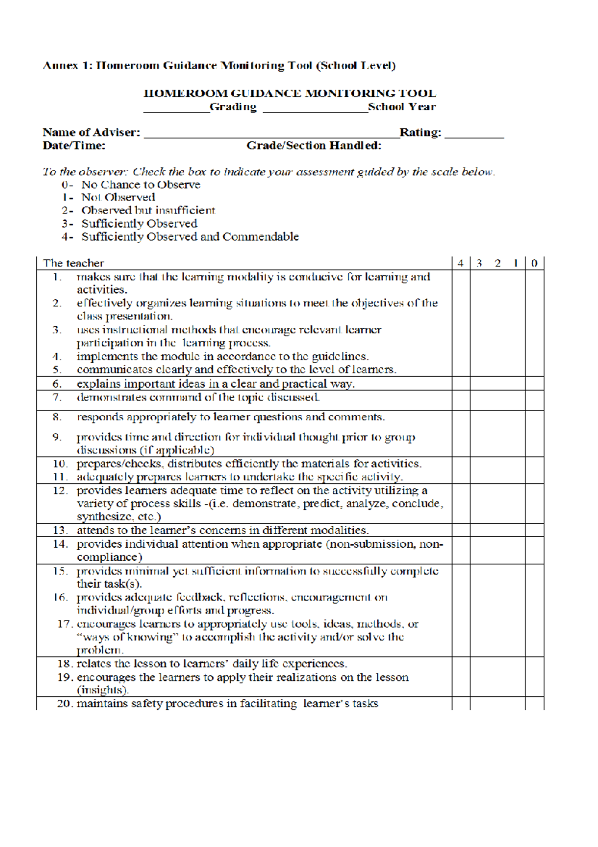 Homeroom Guidance Monitoring Tool sample - Bachelor of Elementary ...