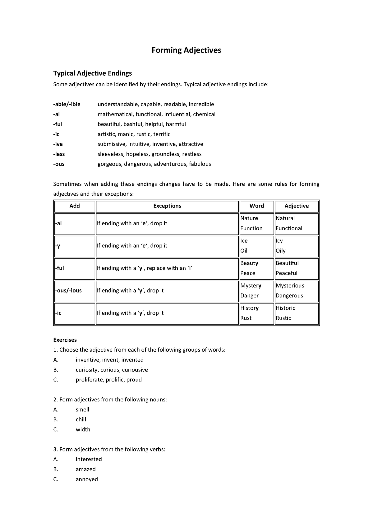 Adjective Formation (no answer key) Forming Adjectives Typical