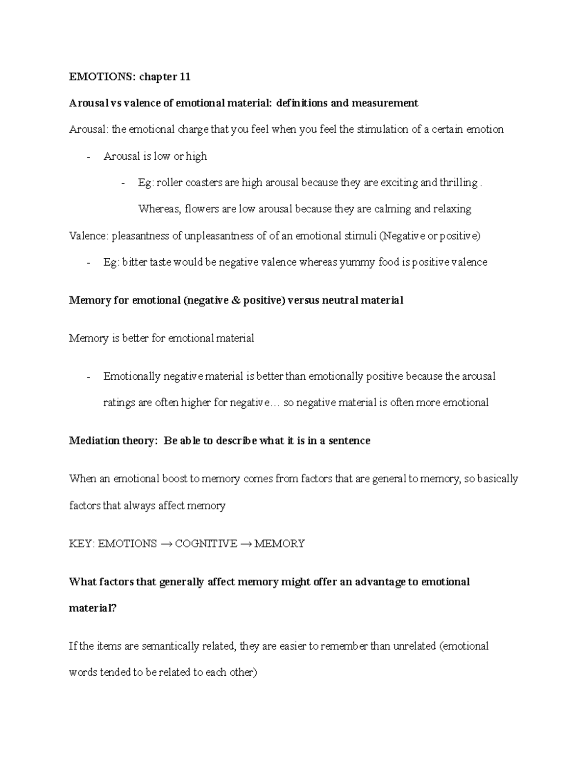Human Memory PSYC 350 Final - EMOTIONS: chapter 11 Arousal vs valence ...