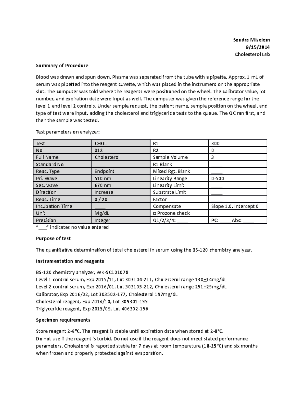 Cholesterol Lab - Chem 2100 - CSUSB - Studocu