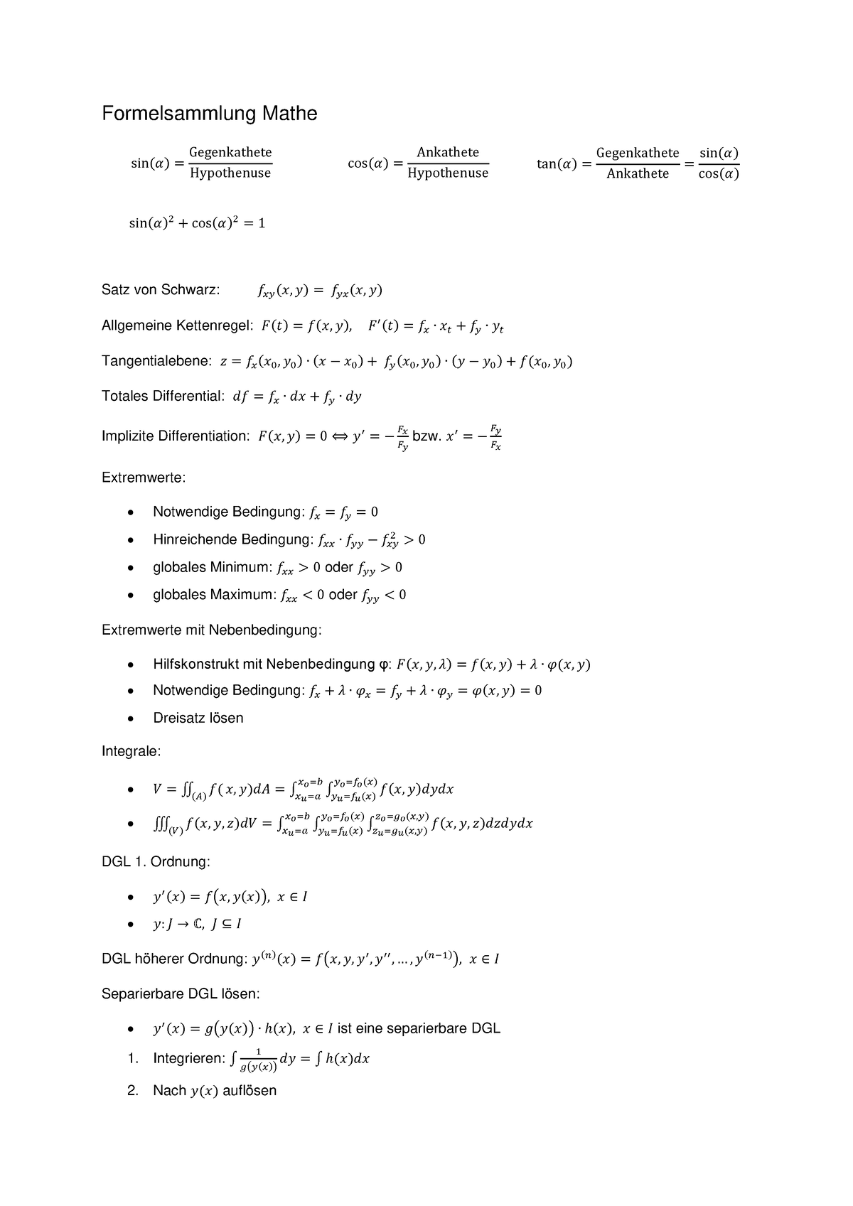 Mathe Formelsammlung - Formelsammlung Mathe Sin(𝛼 ...