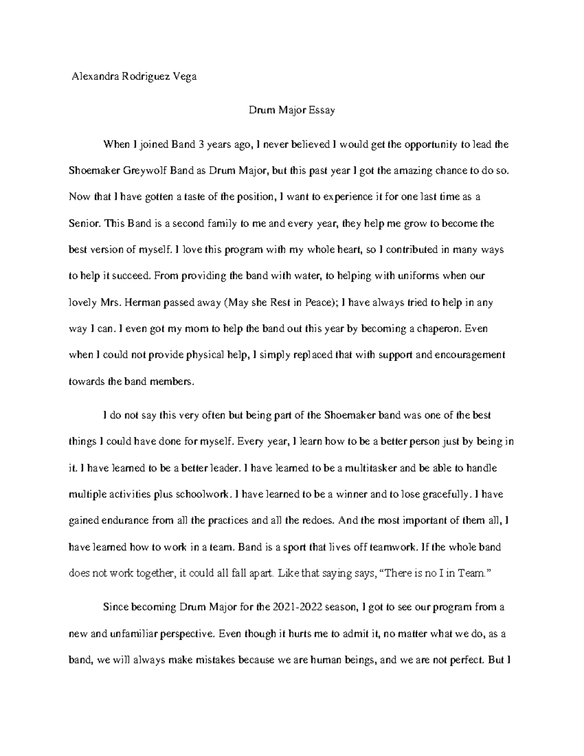 DRUM Major WORK Alexandra Rodriguez Vega Drum Major Essay When I