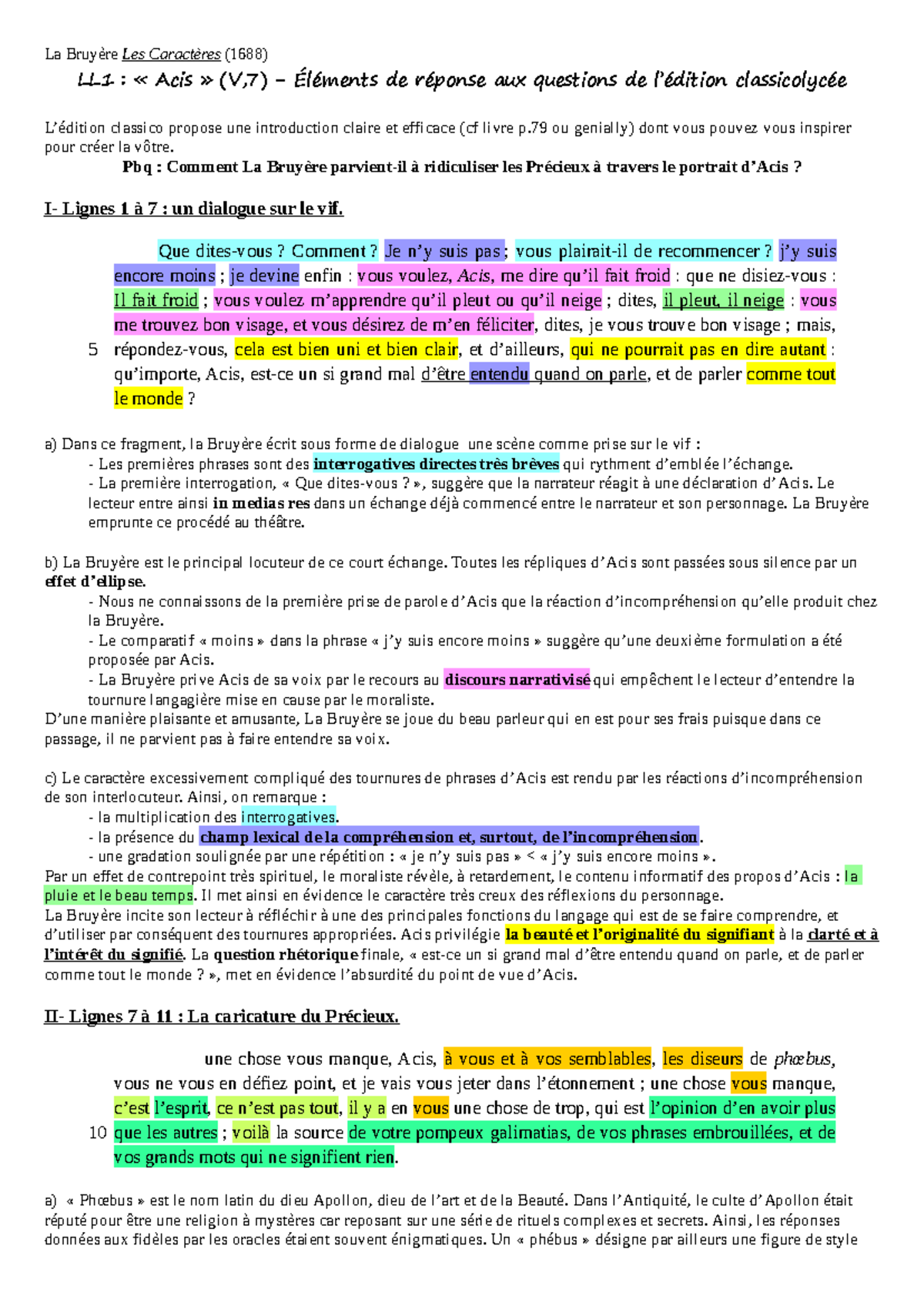 LL1 La Bruyère Acis, éléments de correction au questionnaire classico ...