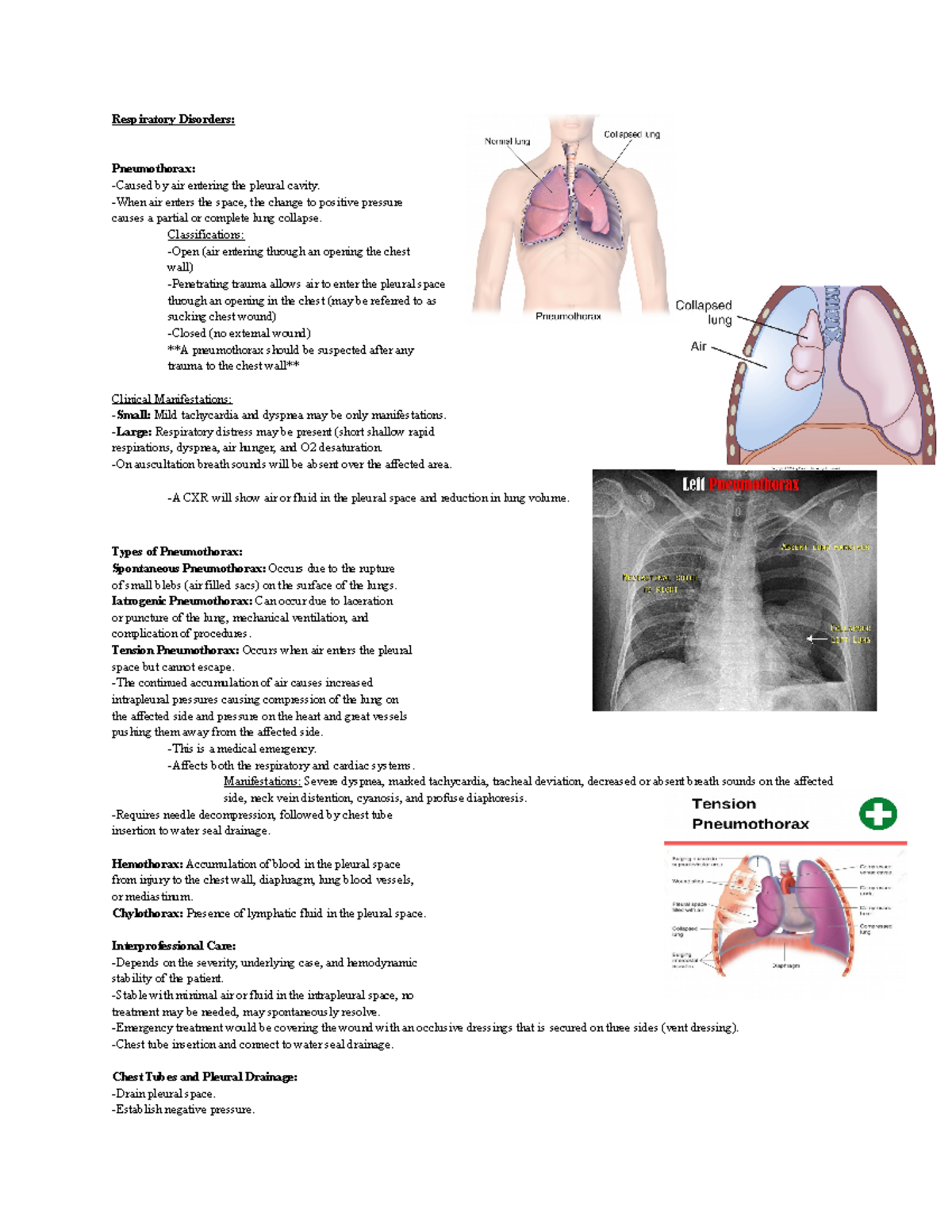 Respiratory Disorders - Respiratory Disorders: Pneumothorax: -Caused by ...