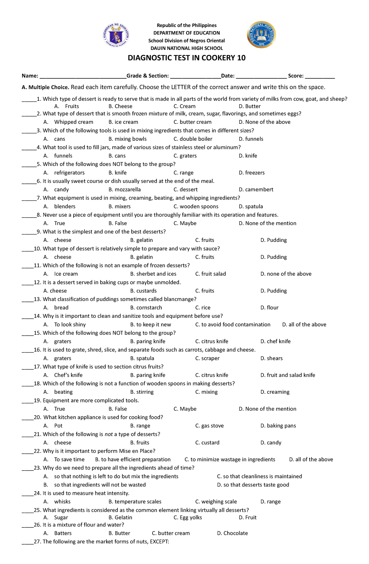 Cookery 10 Diagnostic-TEST - Republic Of The Philippines DEPARTMENT OF ...