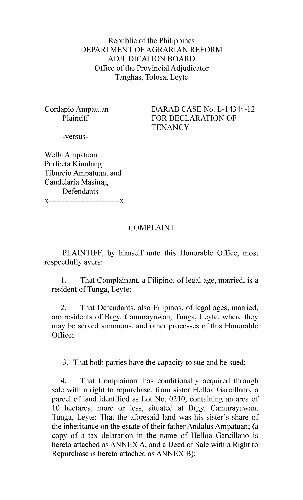 Darab Sample Complaint Legal Forms Sample Material Republic Of The Philippines Department Of 2459