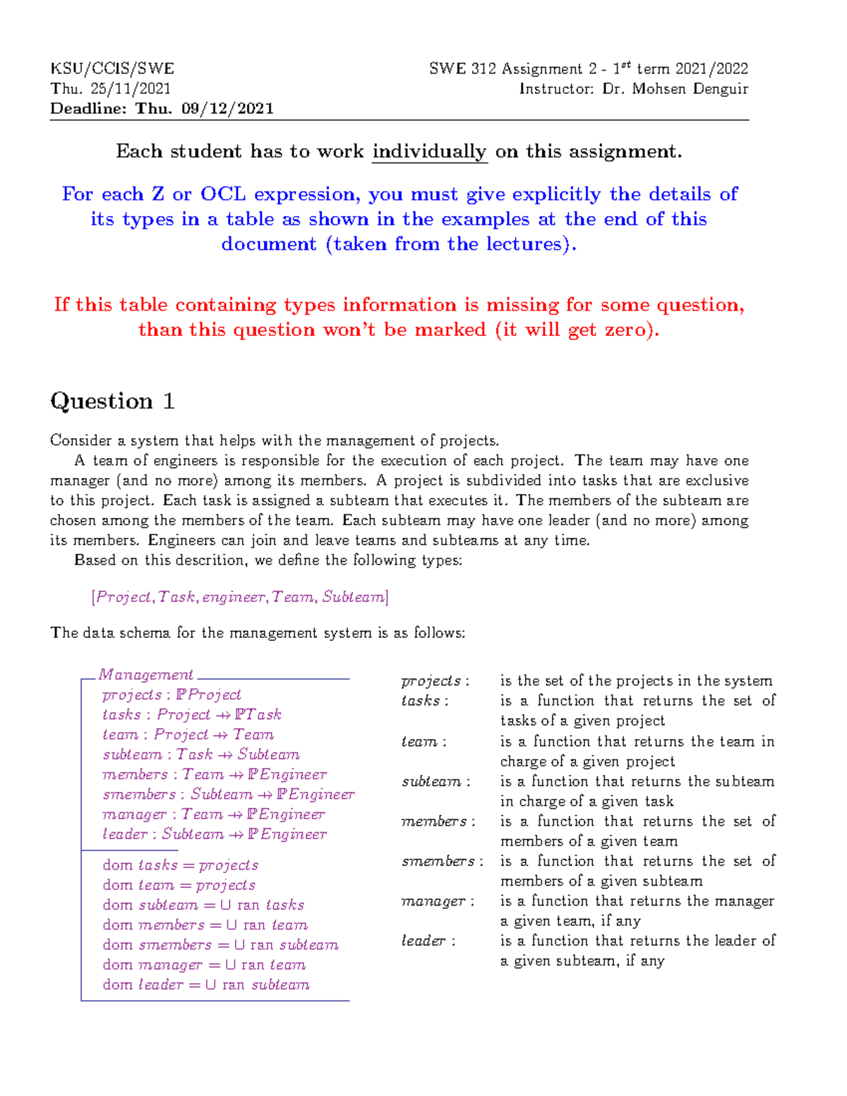 Assignment 2 course work KSU/CCIS/SWE Thu. 25/11/ Deadline Thu. 09