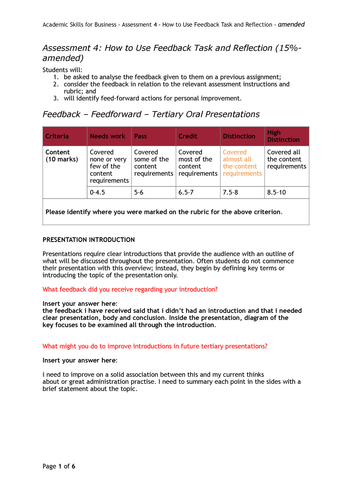 ASf B - Assessment 4 - How To Use Feedback Task And Reflection ...