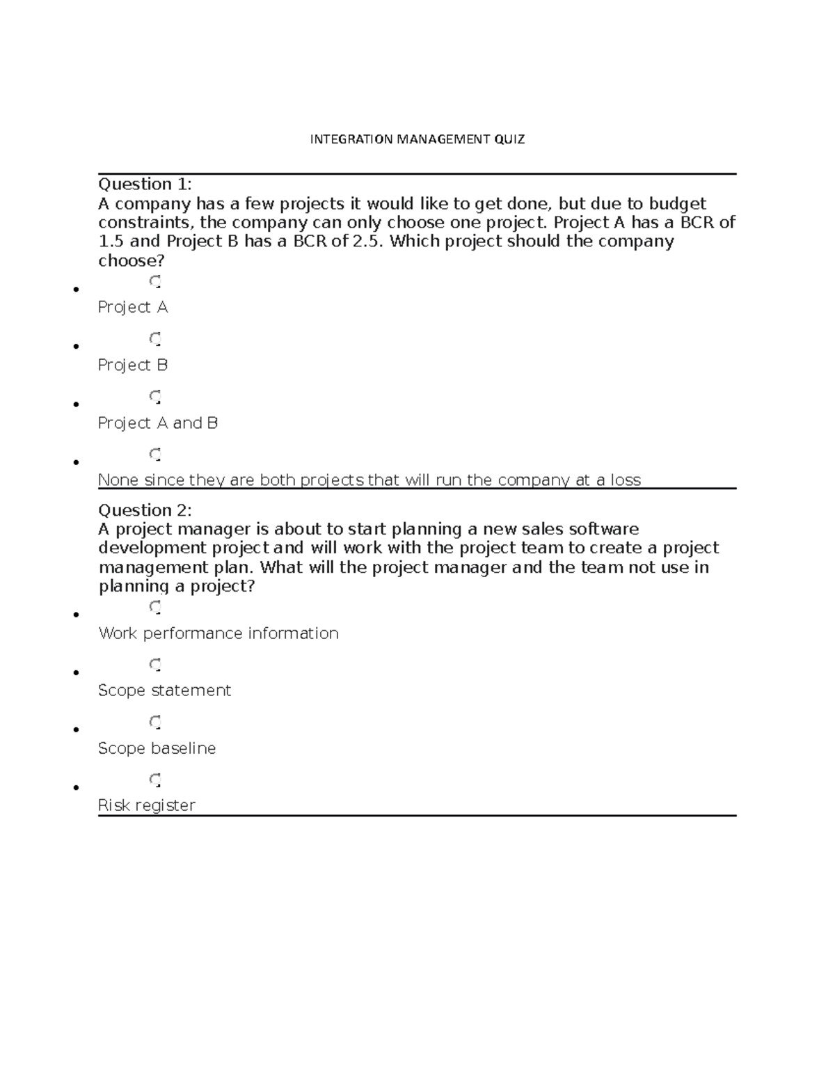 QUIZ - Integration Management -Questions and Answers - INTEGRATION ...