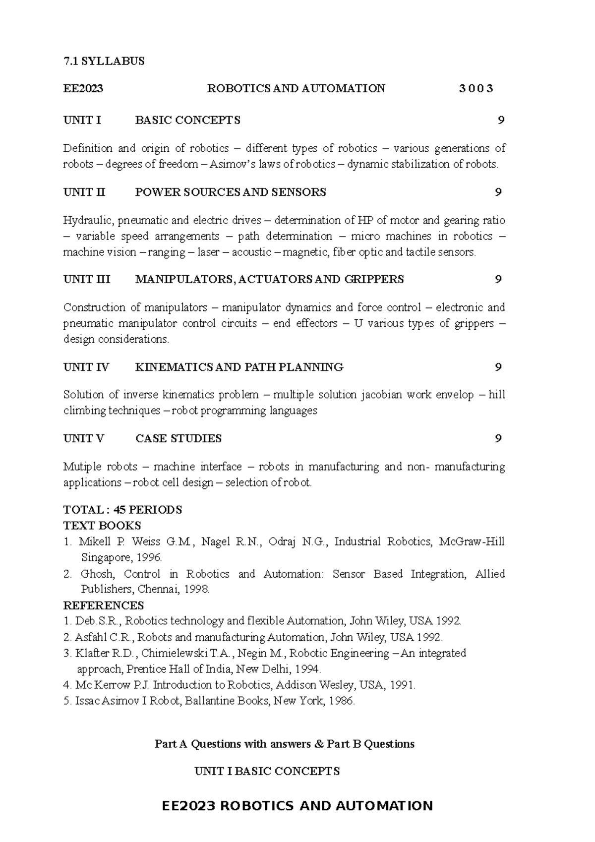 RObotics and Automation Question bank An 7 SYLLABUS EE2023 ROBOTICS