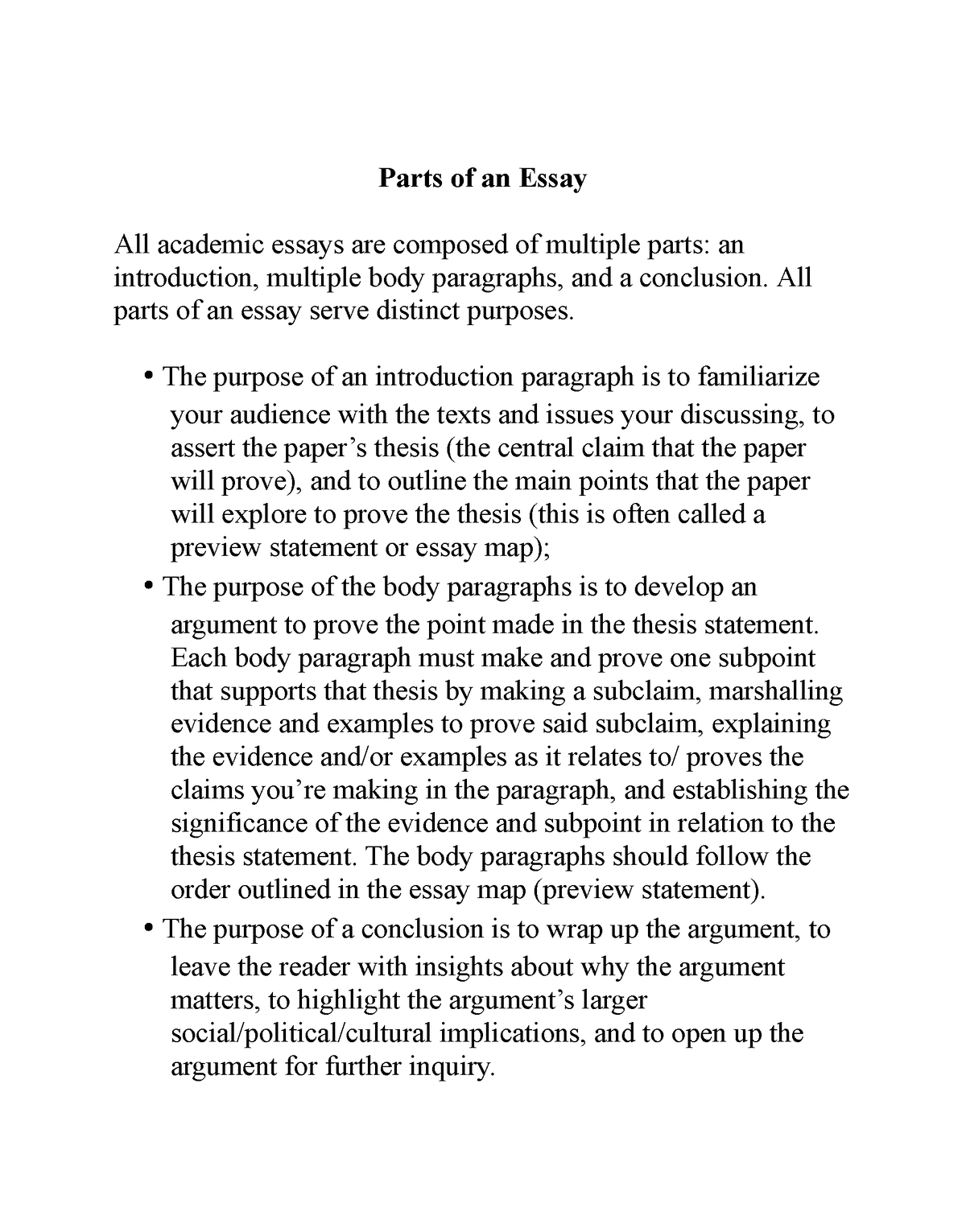 parts of an essay reading