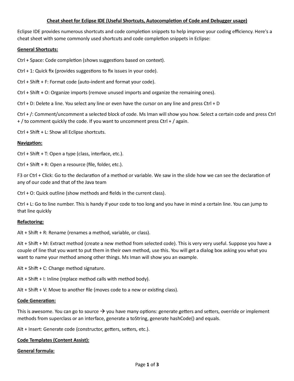 Eclipse Shortcuts and Code Completion Page 1 of 3 Cheat sheet for