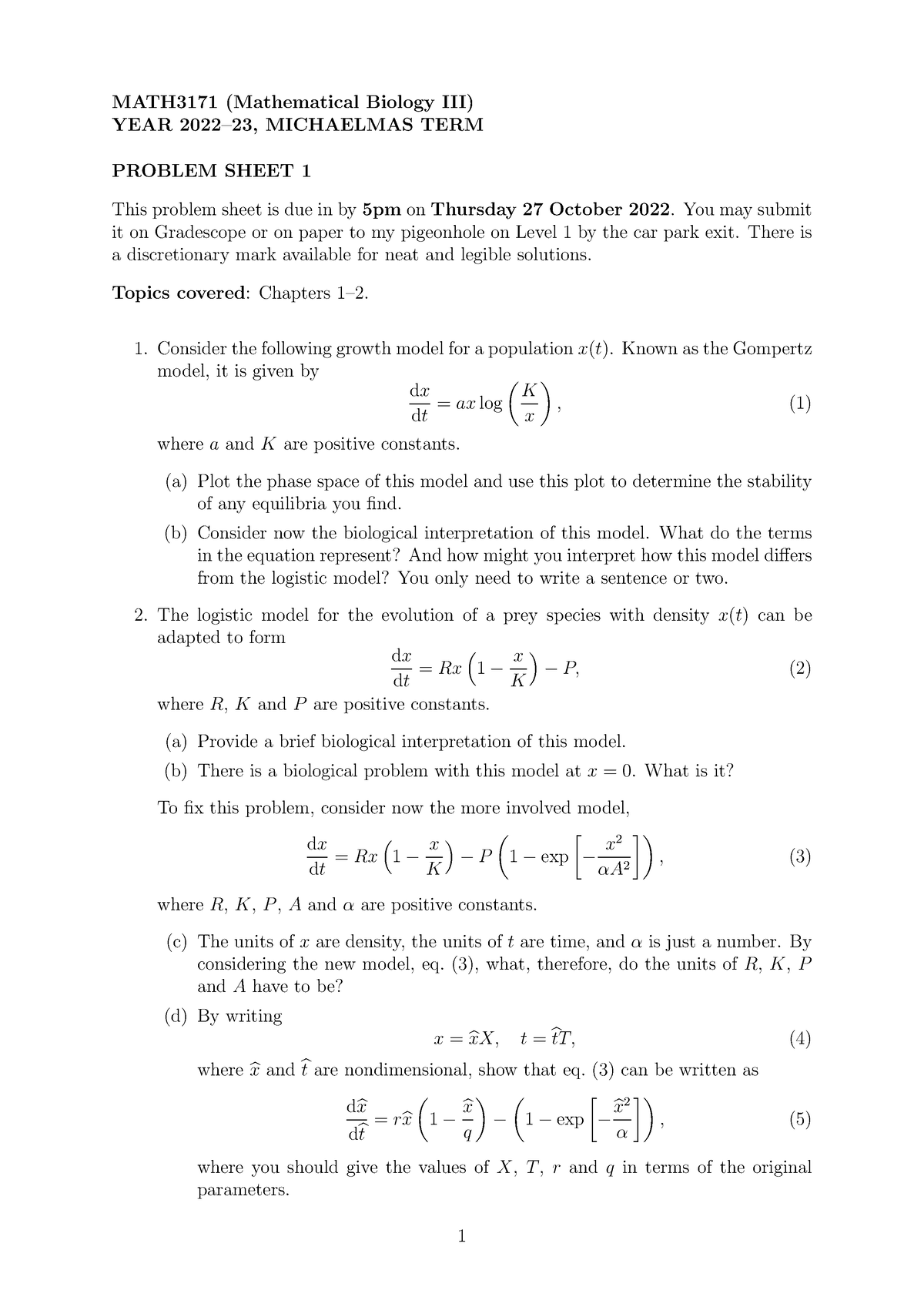 Ps1 - Problem sheet 1 Maths Bio - MATH3171 (Mathematical Biology III ...