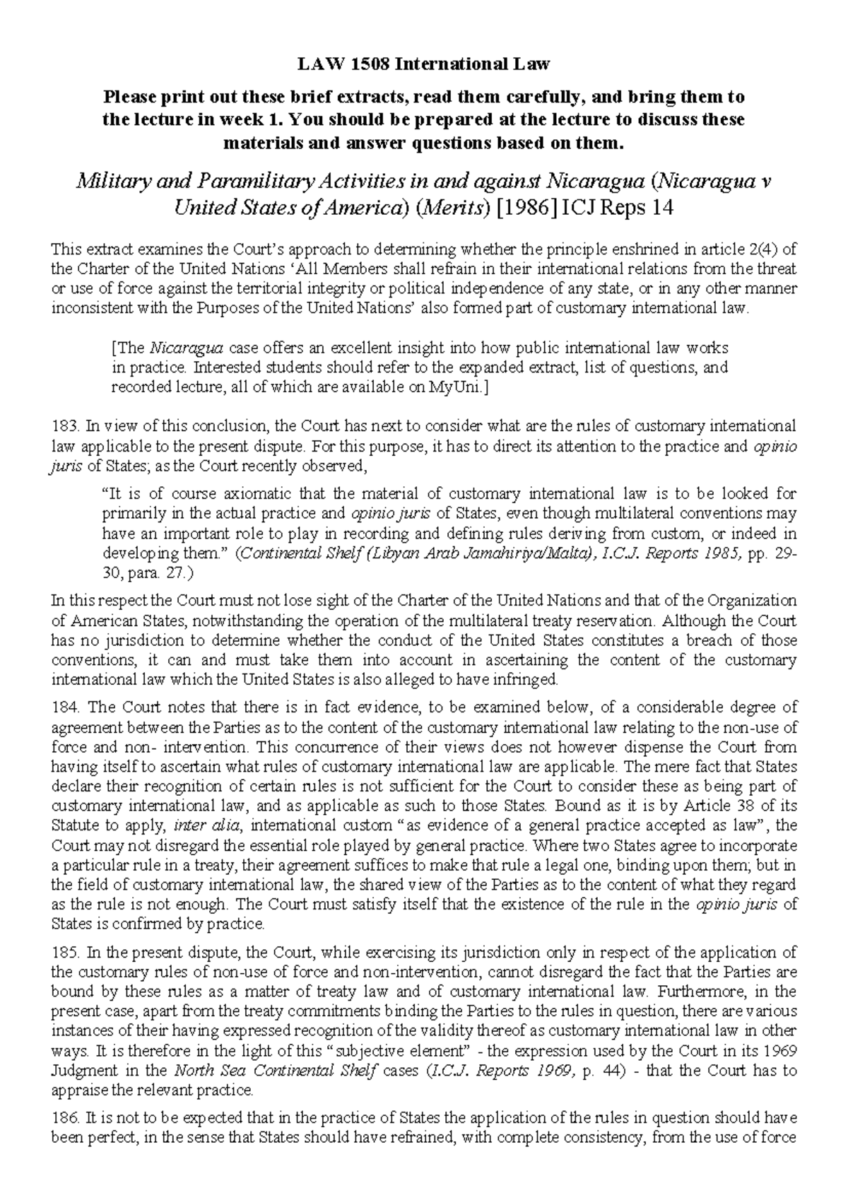 Nicaragua Short Extract-1 - LAW 1508 International Law Please print out ...
