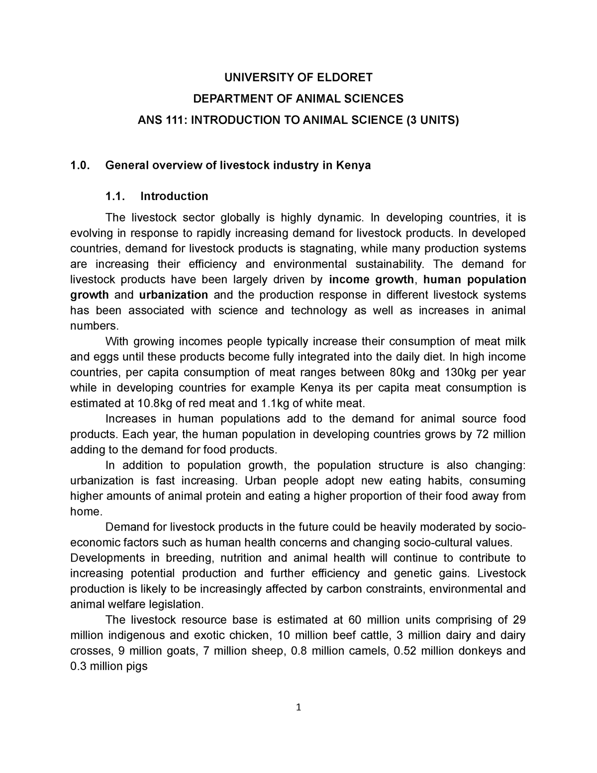 ANS 202 Principles OF Animal Production-summary notes - UNIVERSITY OF  ELDORET DEPARTMENT OF ANIMAL - Studocu