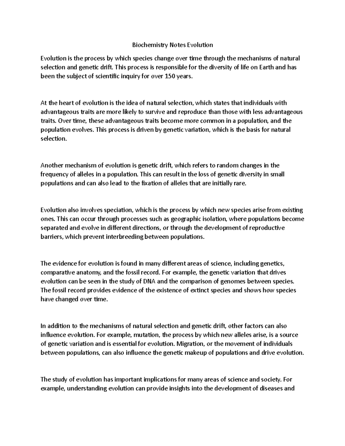 Biochemistry Notes Evolution Biochemistry Notes Evolution Evolution