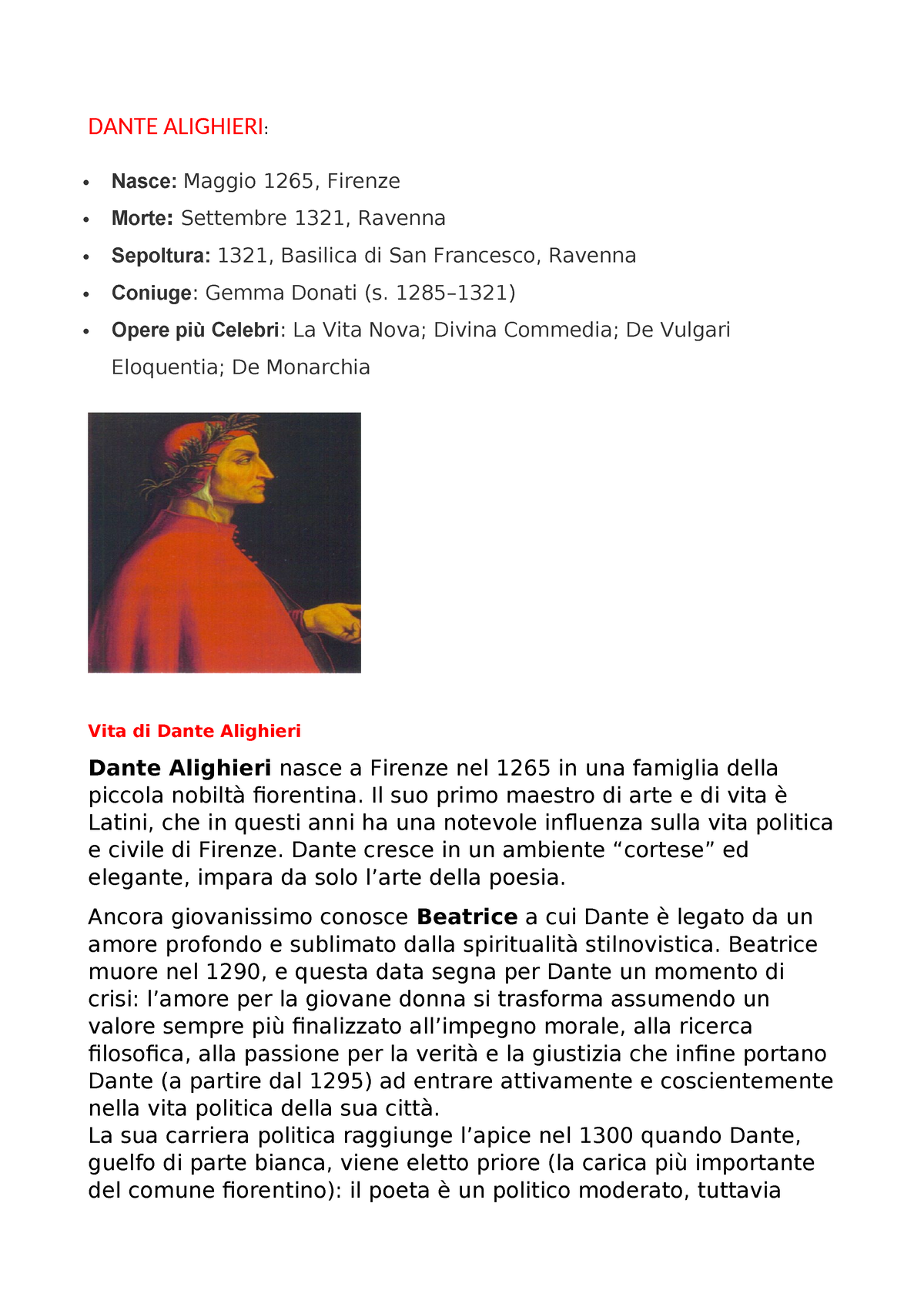 Tesina italiano dante DANTE ALIGHIERI Nasce Maggio 1265