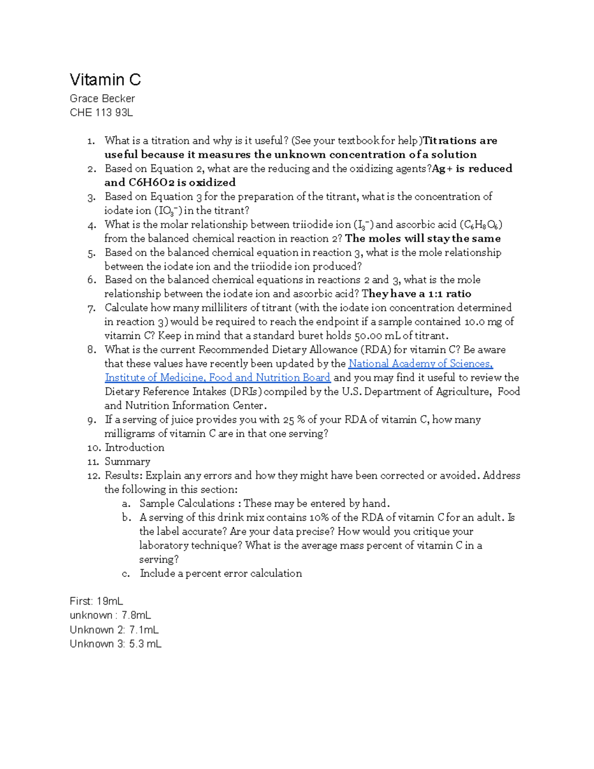 Vitamin C lab lab report Vitamin C Grace Becker CHE 113 93L What is
