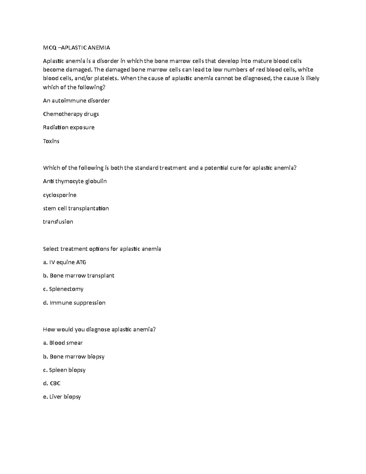 Aplastic anemia mcq - pathology mcqs. - MCQ –APLASTIC ANEMIA Aplastic ...