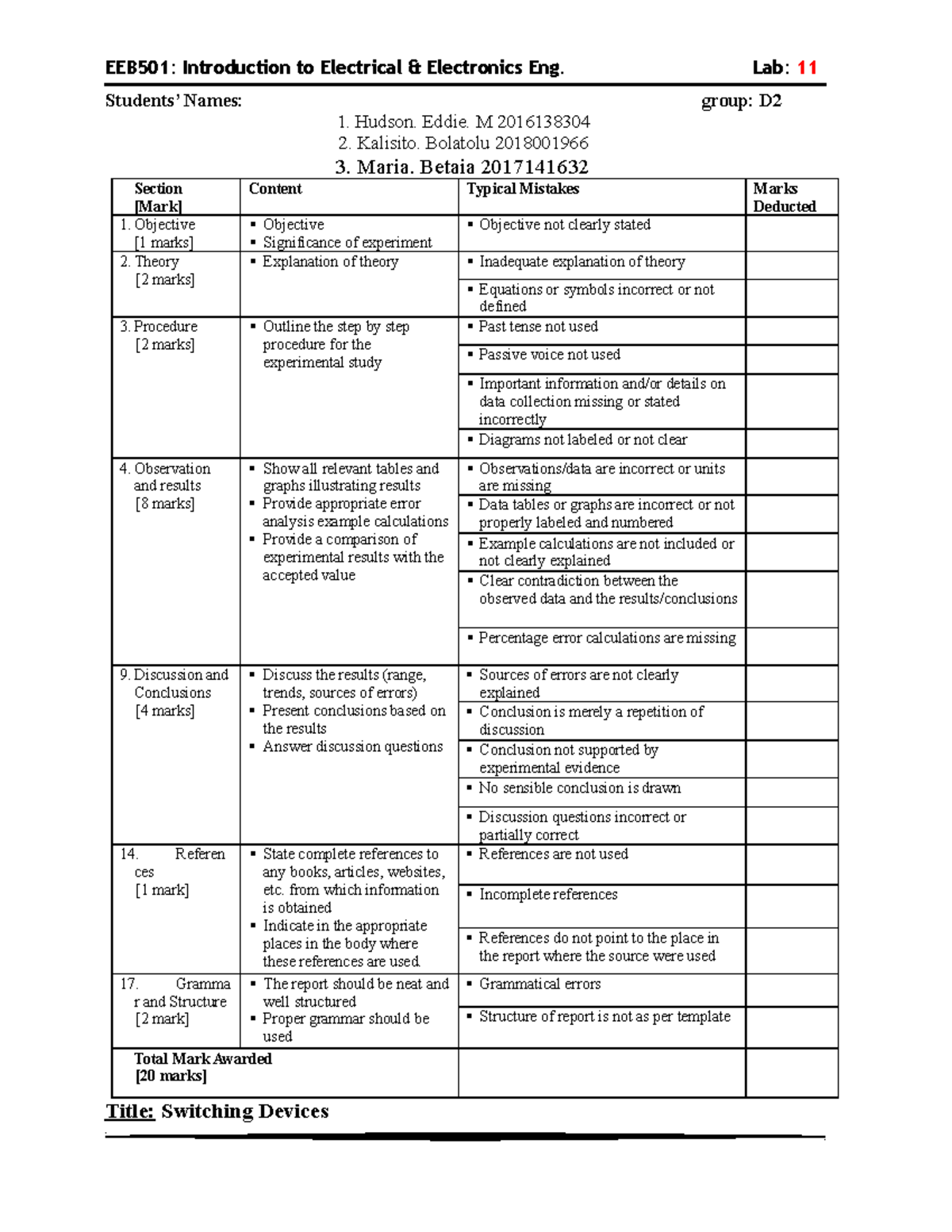 introduction to electrical engineering EEB501 lab 11 - Students’ Names ...