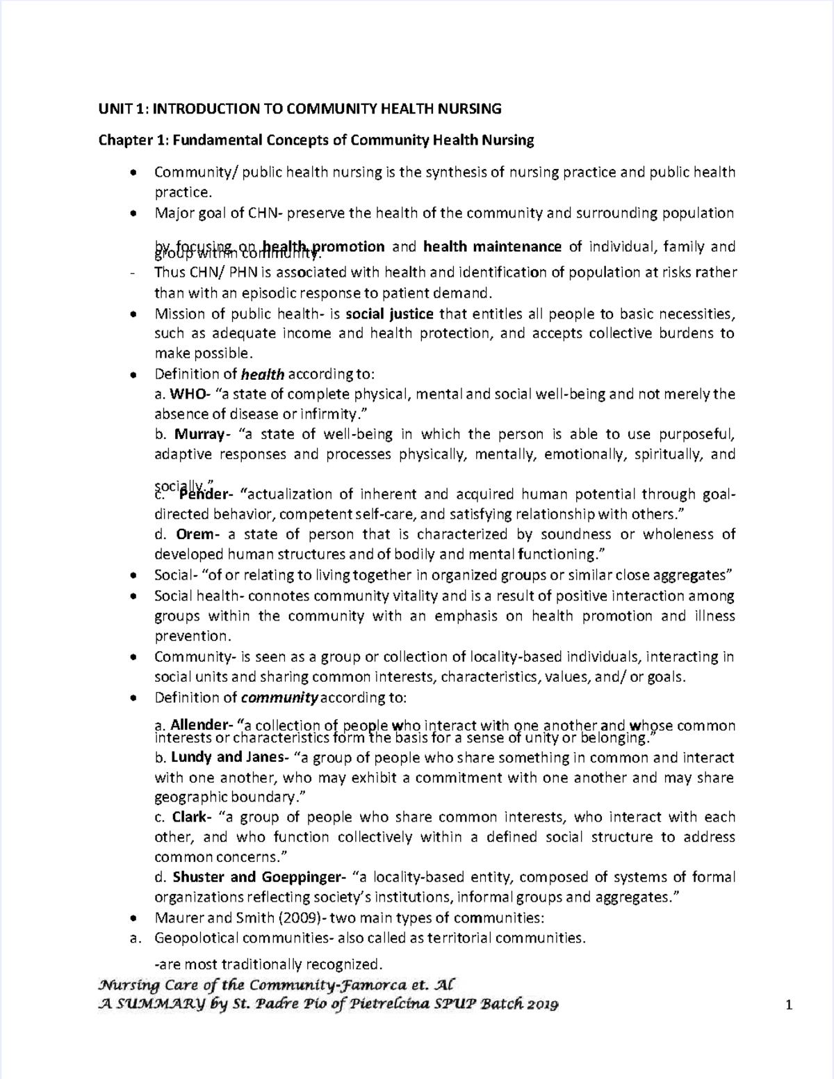 Famorca Lecture Notes Community Health Nursing - Nursing Care of the ...