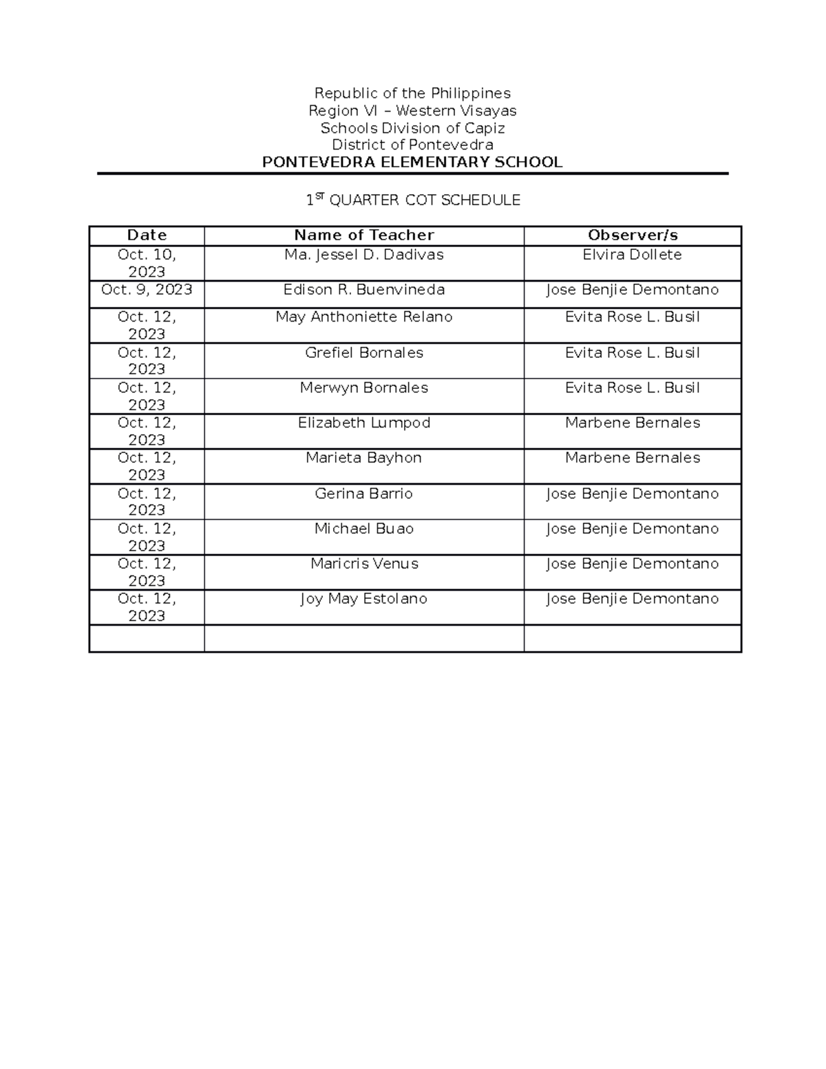 COT schedule - dzfvvzf;jdp - Republic of the Philippines Region VI ...