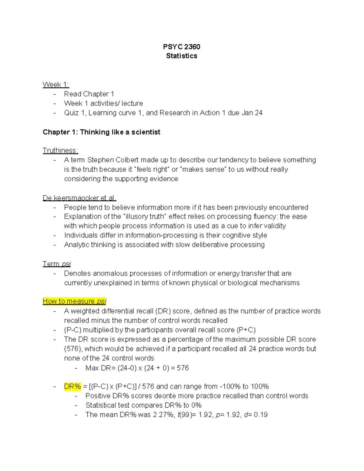 PSYC 2360 - Lecture and Textbook notes - PSYC 2360 Statistics Week 1 ...